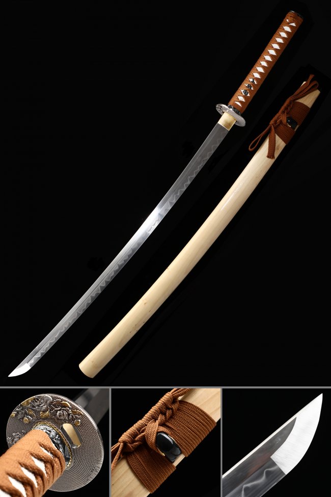 1065 Carbon Steel Japanese Katana with Clay-Tempered Hamon and Natural Hardwood Saya in Brown Ito Wrap
