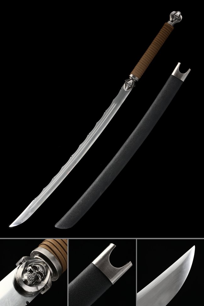 Manganese Steel Katana with Skull Tsuba in Brown Cord Handle & Black Leather Saya