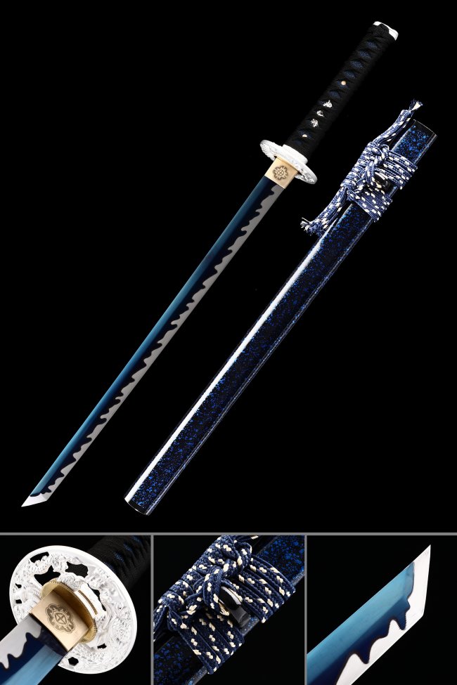 Manganese Steel Ninjato with Blue Flame Blade, White Ornate Tsuba & Dark Blue Lacquer Saya