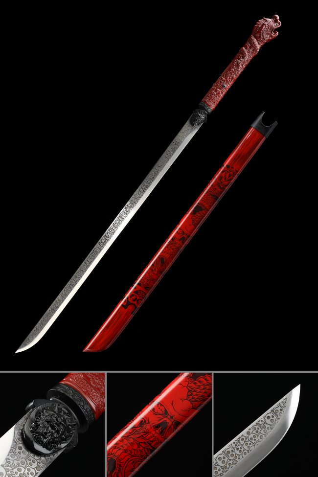 Manganese Steel Ninjato with Dragon Head Handle in Red Lacquer Saya - Skull Hamon