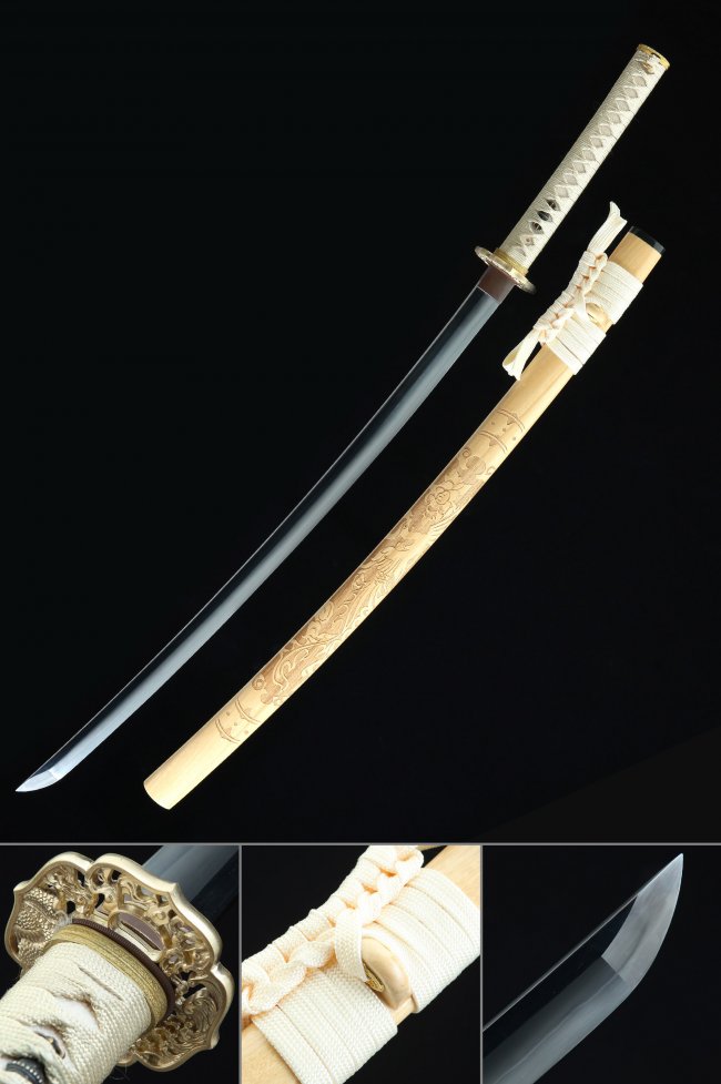 Dragon Tsuba T10 Carbon Steel Katana, Full Tang, Handmade & Beige Dragon Saya