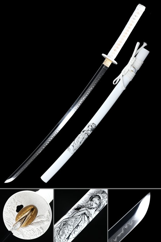 T10 Carbon Steel White Katana with Dragon Tsuba & Hand-Painted Anime Saya - Full Tang Samurai Sword