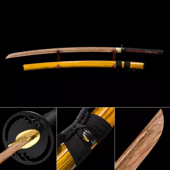 Handmade Brown Wooden Blunt Unsharpened Blade Katana Samurai Swords With Yellow Scabbard
