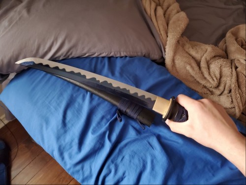 Handmade Japanese Tanto Sword With Blue Blade And Black Scabbard