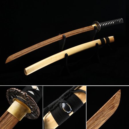 Handmade Japanese Wooden Unsharp Samurai Sword With Brown Blade And Scabbard