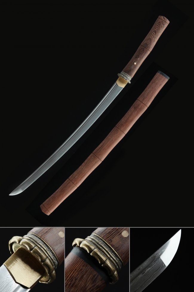 Ornate Scroll Tsuba Damascus Steel Wakizashi, Clay Tempered, Real Hamon & Folded Steel