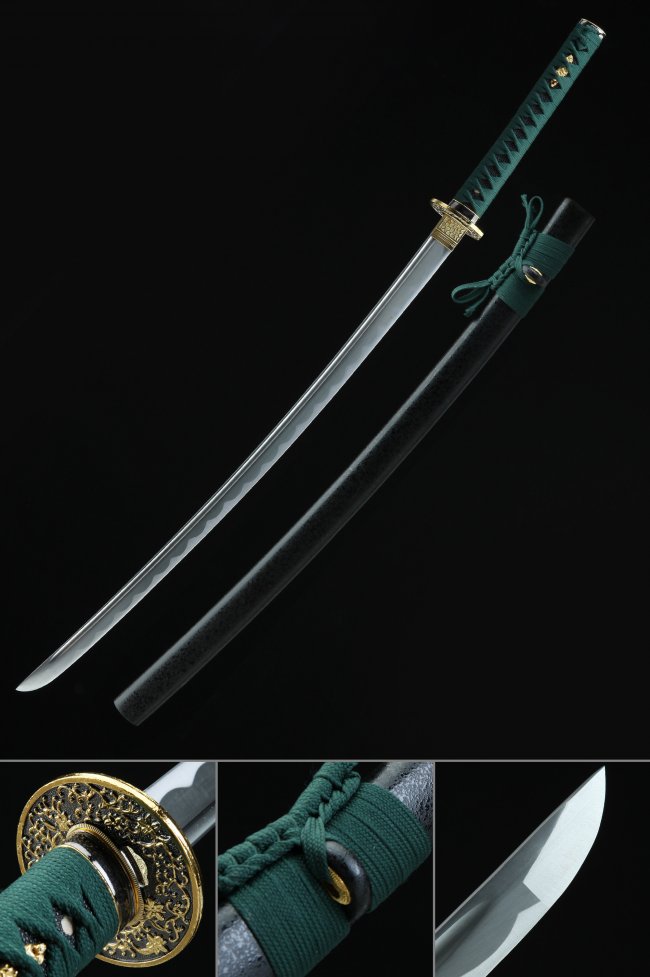 1045 Carbon Steel Full Tang Katana with Green Ito Wrap and Gold Floral Tsuba - Black Hardwood Saya