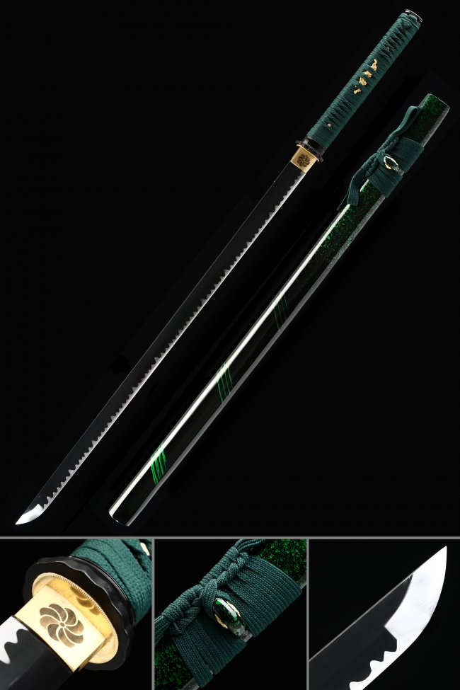 1045 Carbon Steel Ninjato Ninja Sword with Black Blade in Green Cord Wrap and Gold Alloy Tsuba