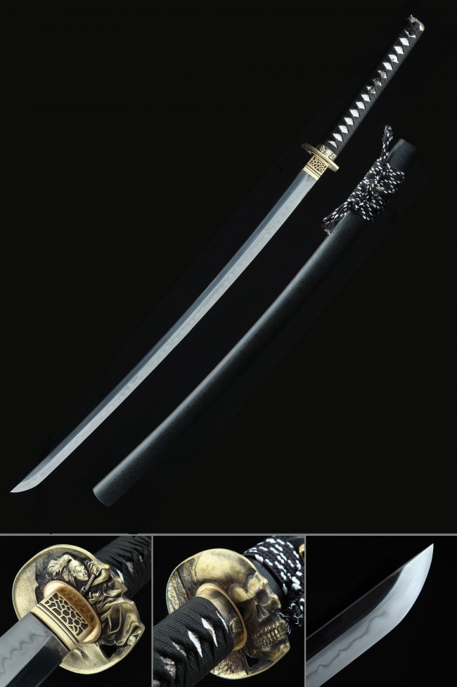 T10 Folded Clay Tempered Steel Katana with Skull and Samurai Tsuba in Black Saya - Full Tang Collectible Sword