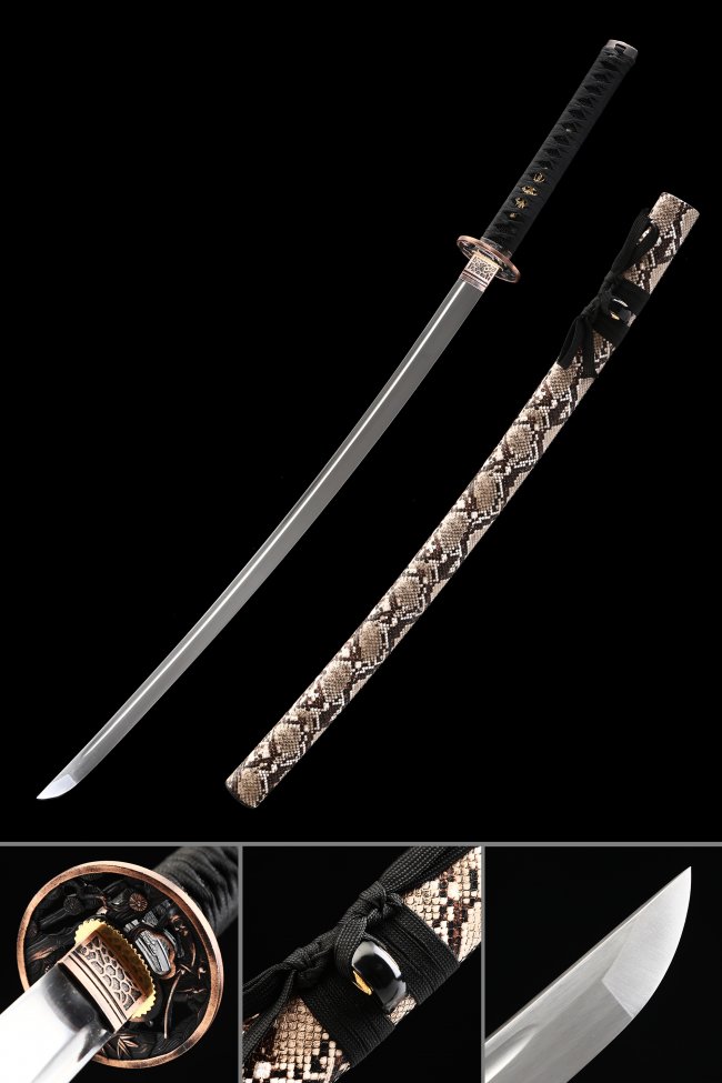 Manganese Steel Katana with Snake-Pattern Rayskin Saya - Bronze Chrysanthemum Tsuba, Black Tsuka