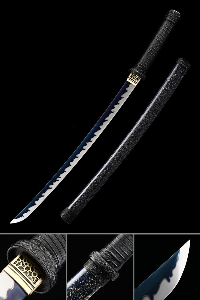 Manganese Steel Blue Flame Blade Wakizashi with Gold-Black Tsuba & Star-Flecked Dark Blue Saya