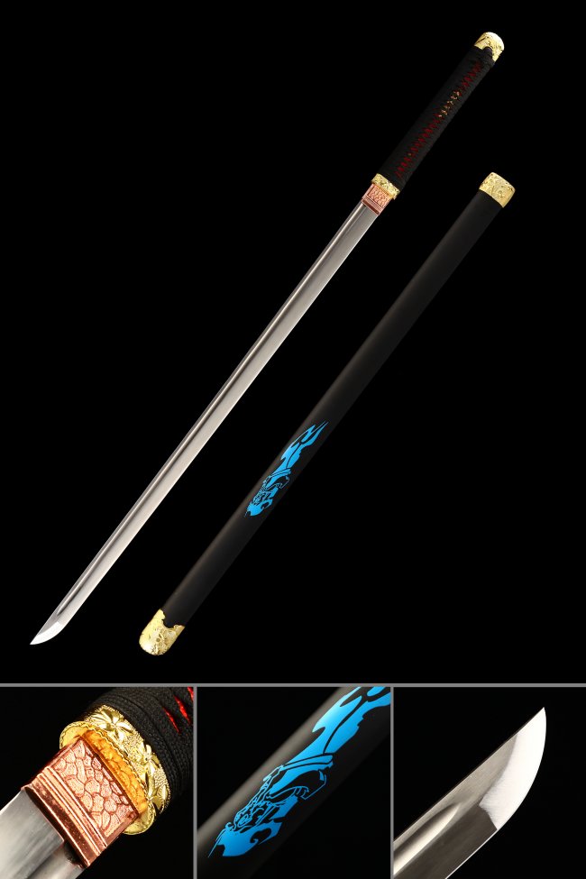Manganese Steel Ninjato with Black Lacquer Saya and Blue Dragon Engraving - Gold Tsuba
