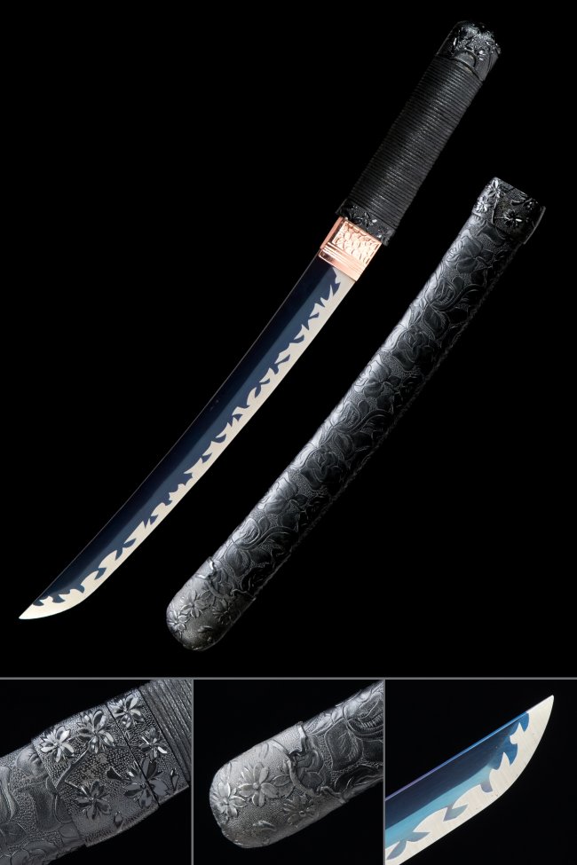 Manganese Steel Tanto with Blue Flame Hamon - Black Flower-Carved Saya & Full Tang Blade