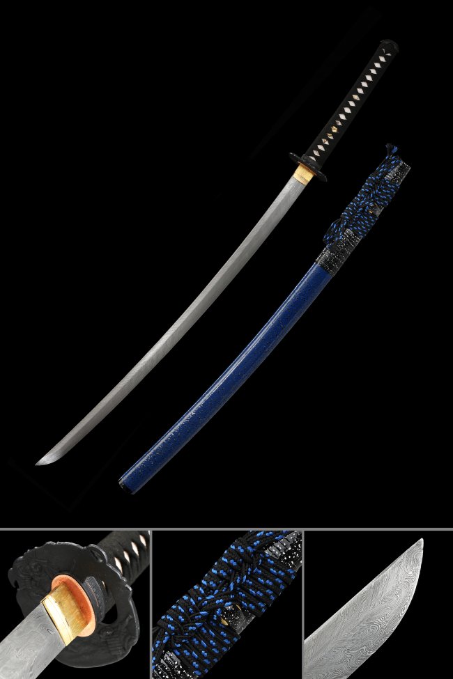 Damascus Steel Katana with Blue Hardwood Saya - Black Cord Handle, Dragon Tsuba