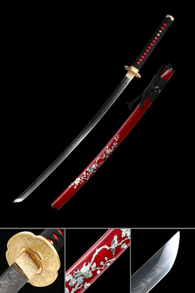 T10 Clay Tempered Japanese Katana with Real Hamon - Red Lacquer Saya, Copper Flower Tsuba
