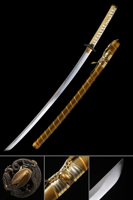 1090 Carbon Steel Katana with Gold Hardwood Saya - Dragon Tsuba, Full Tang, Gold-White Handle