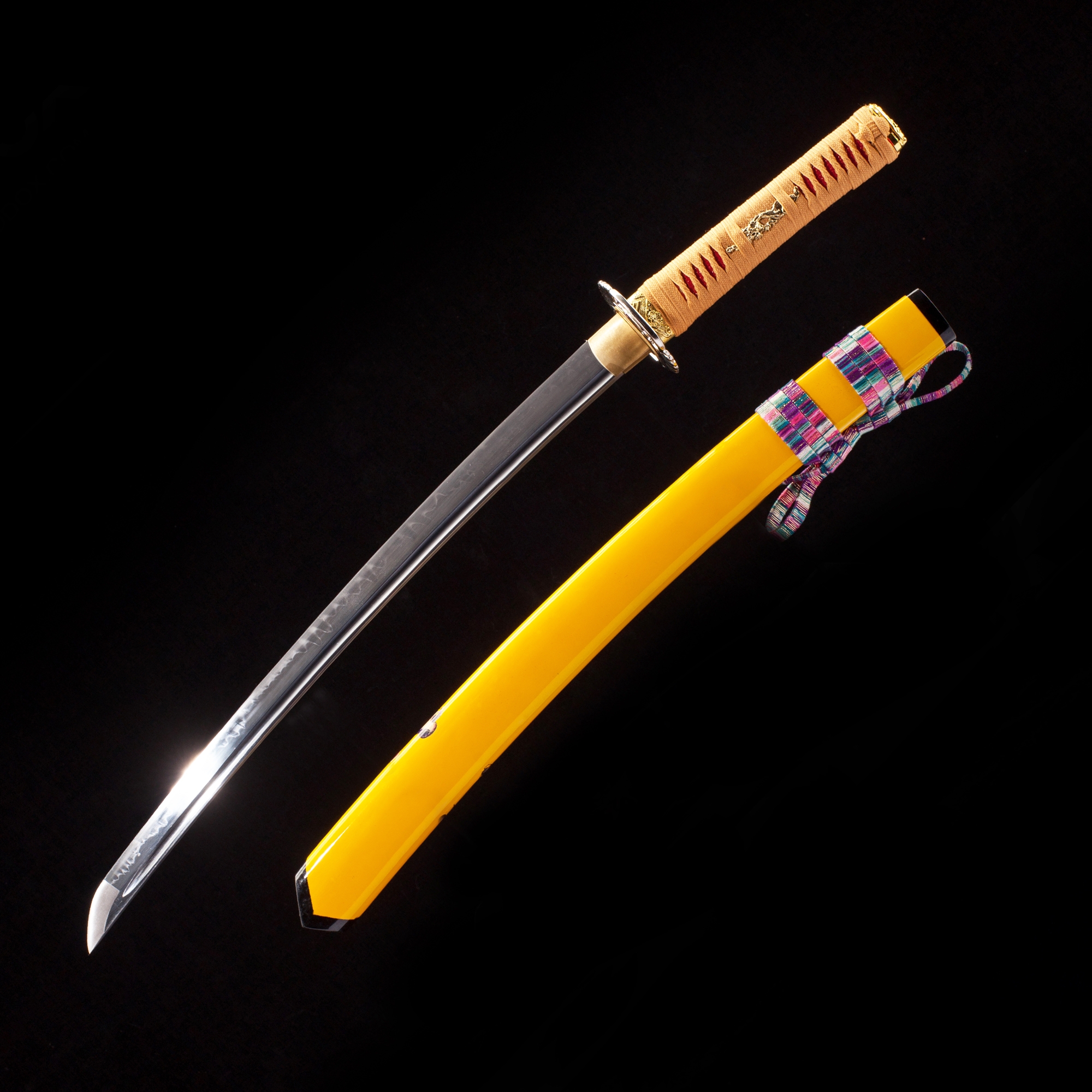 Handmade T10 Carbon Steel Real Hamon Japanese Wakizashi Swords With Yellow Scabbard And Alloy 5538