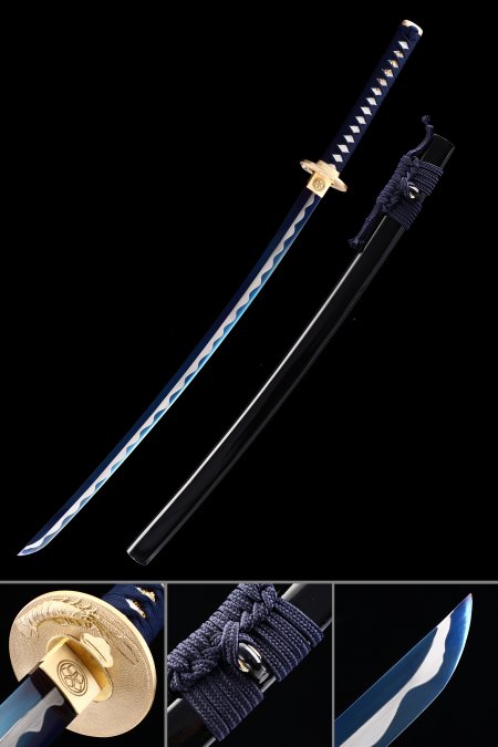 Full Tang Sword, Handmade Japanese Katana Sword Spring Steel With Blue Blade And Black Scabbard