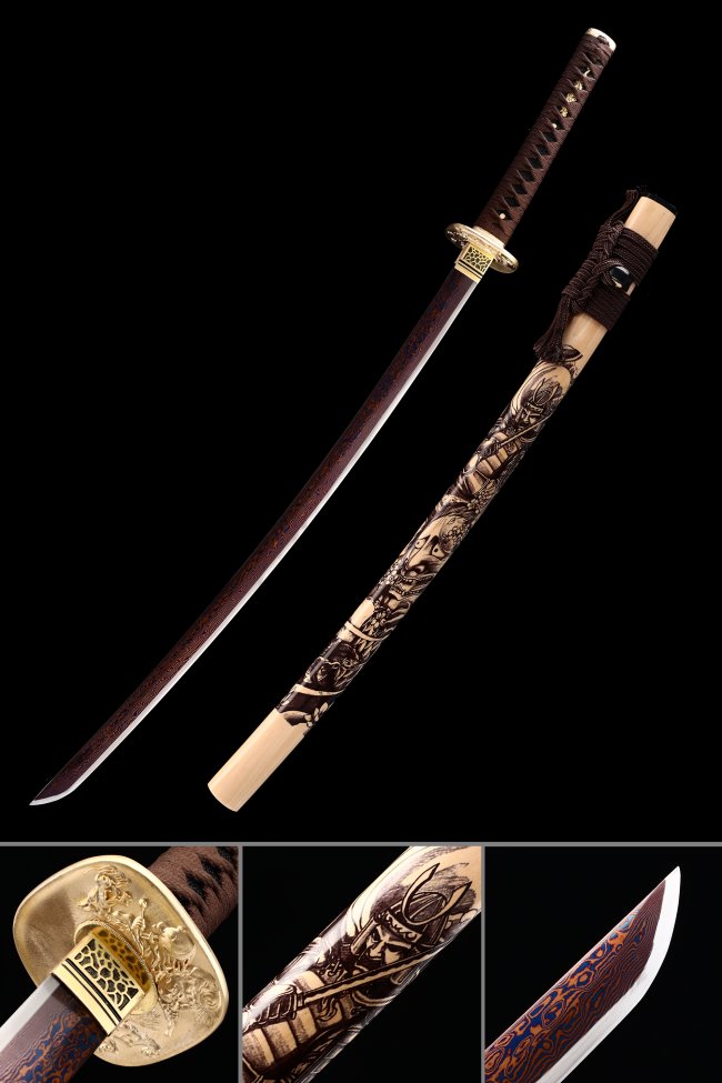 Folded Melaleuca Steel Katana with Samurai-Engraved Natural Wood Saya - Dark Red Blade & Gold Tsuba