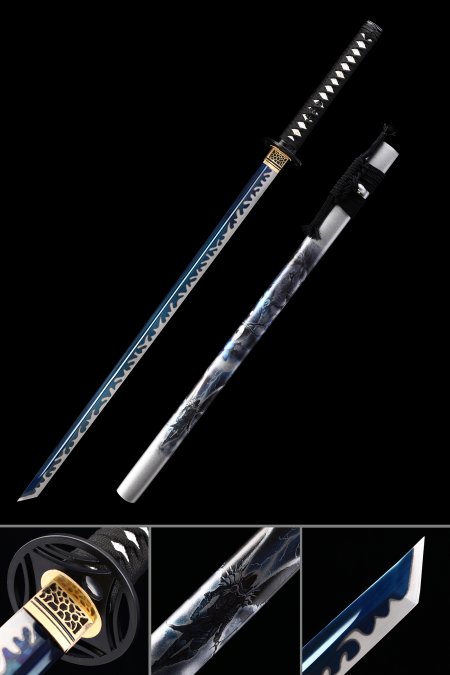Straight Sword, Handmade Japanese Ninja Sword With Blue Blade And Silver Scabbard