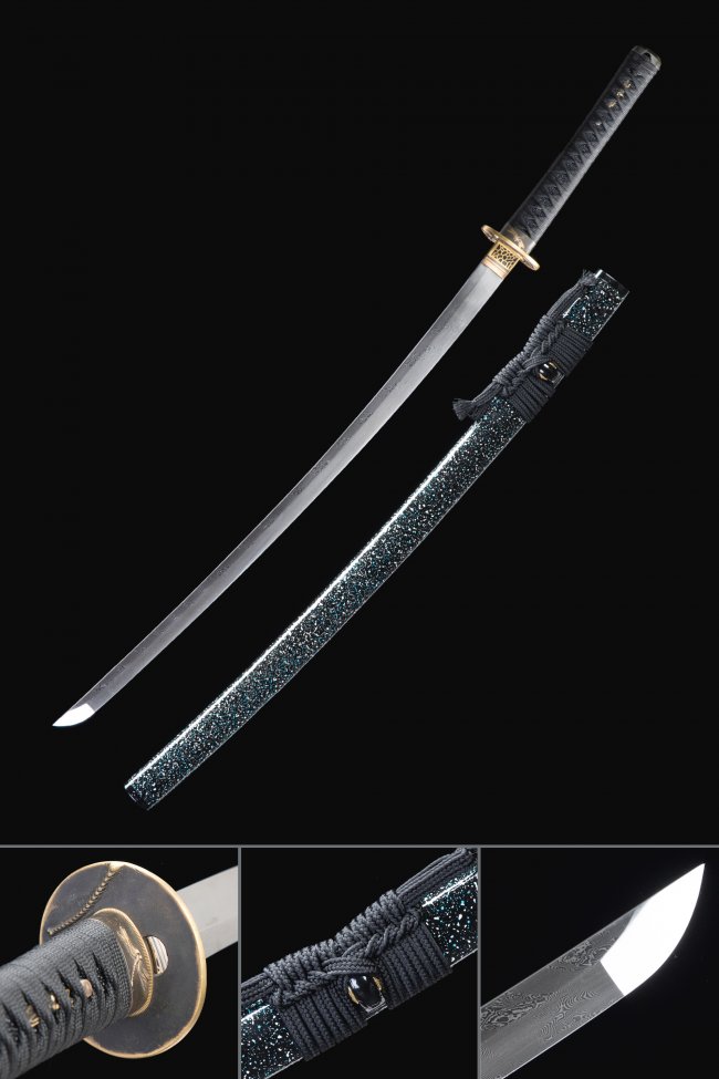 Damascus Steel Full Tang Katana with Dragon Engraving - Gold Tsuba, Teal Marble Lacquer Saya