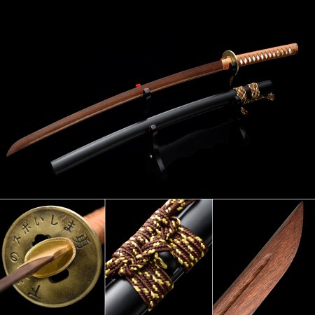 Handmade Brown Wooden Blunt Unsharpened Blade Katana Samurai Swords With Red Scabbard