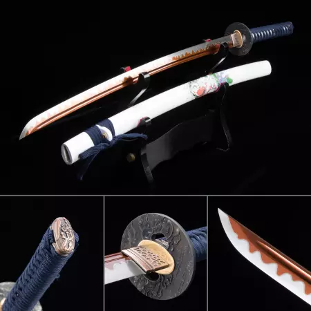Handmade Japanese Katana Sword High Manganese Steel With Red Blade And White Scabbard