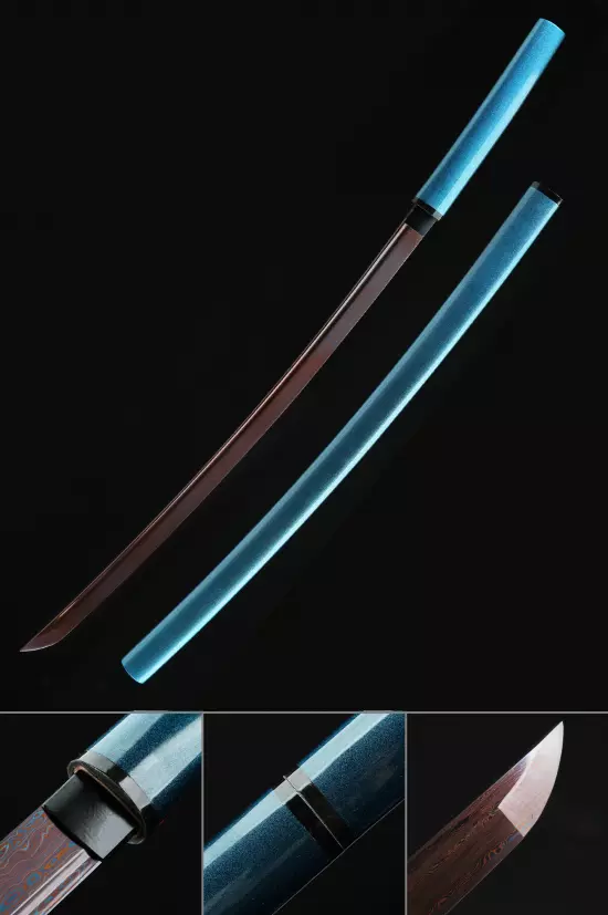 Handmade Shirasaya Katana Damascus Steel With Red Blade Without Tsuba