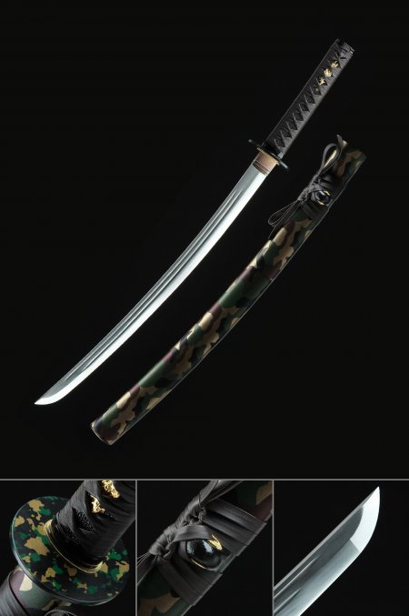 Handmade Spring Steel Real Japanese Wakizashi Sword With Camouflage Scabbard And Iron Tsuba