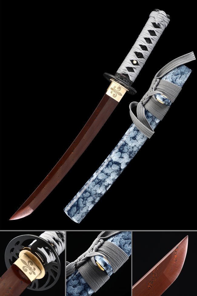 Damascus Steel Tanto with Red Blade - Blue Floral Hardwood Saya, White-Black Tsuka