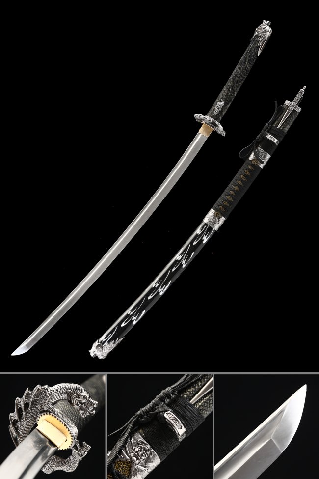 Dragon Tsuba Manganese Steel Katana with Black Lacquered Flame-Pattern Saya in Silver and Black
