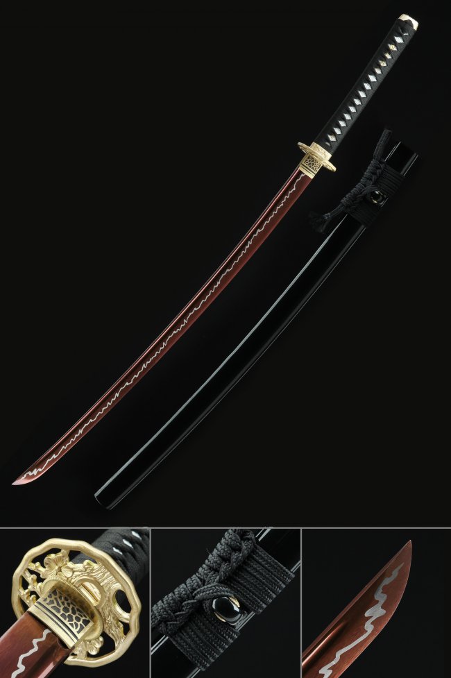 Red Blade Katana with Gold Tsuba - Manganese Steel, Black Ito & Lacquered Saya, Full Tang Replica