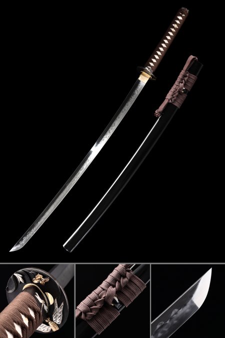 Battle Ready Sword, Real Hamon Katana Sword T10 Folded Clay Tempered Steel With Black Scabbard
