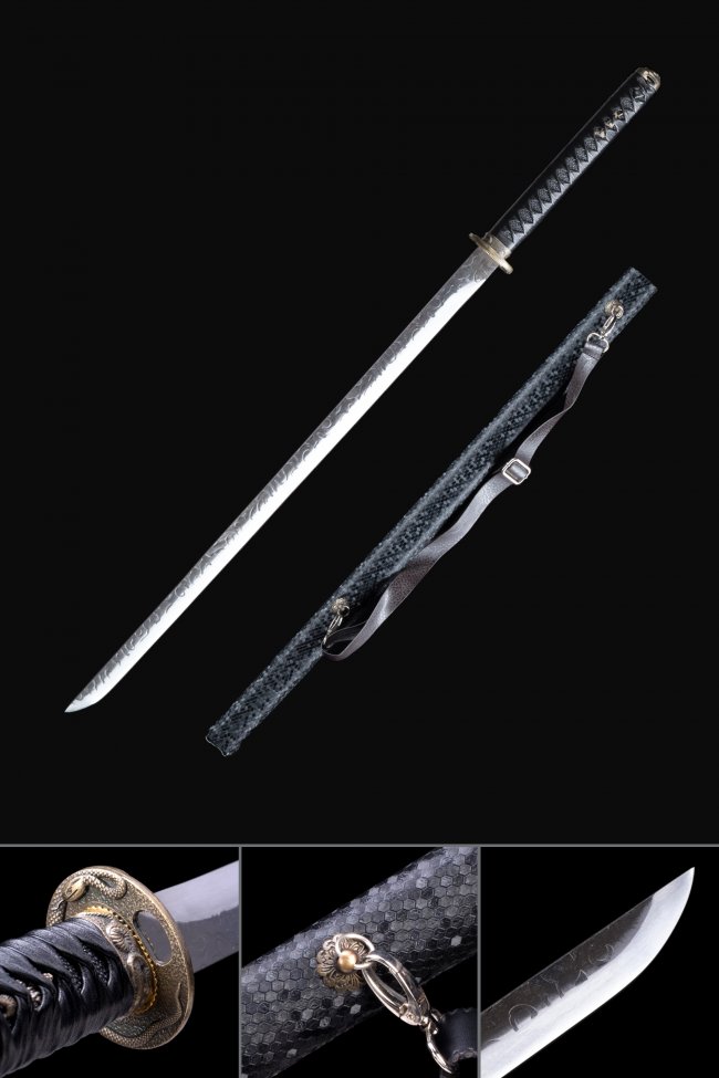 Ninjato Ninja Sword in Stainless Steel with Dragon Engraving - Black Leather Saya & Snake Tsuba