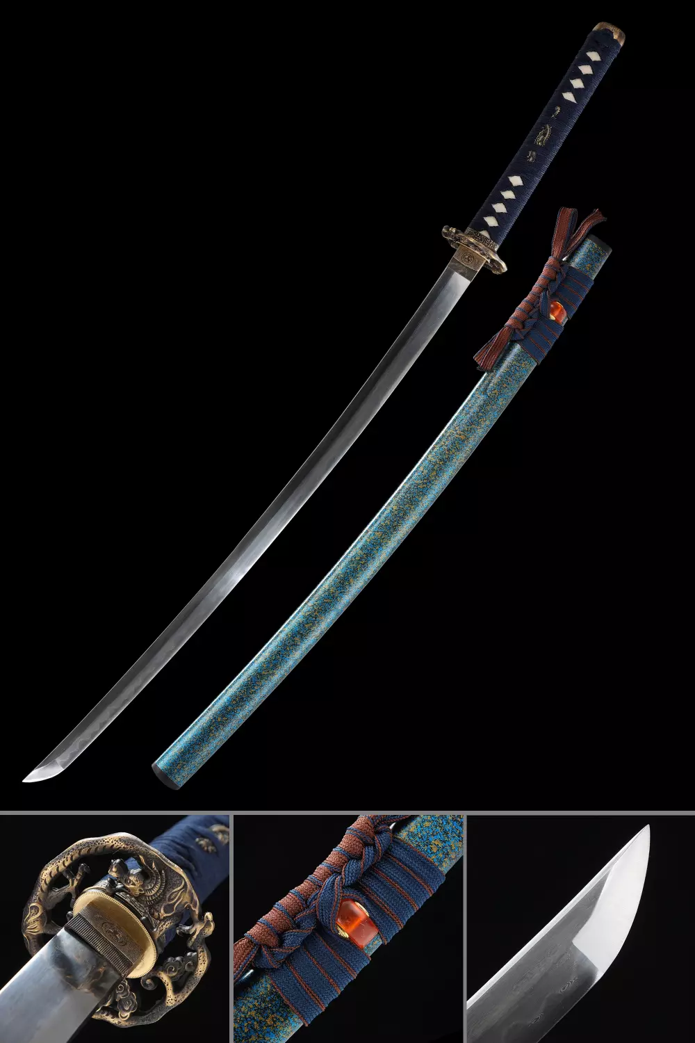 Damascus Katana | Damascus Steel Katana with Teal Lacquer Saya in