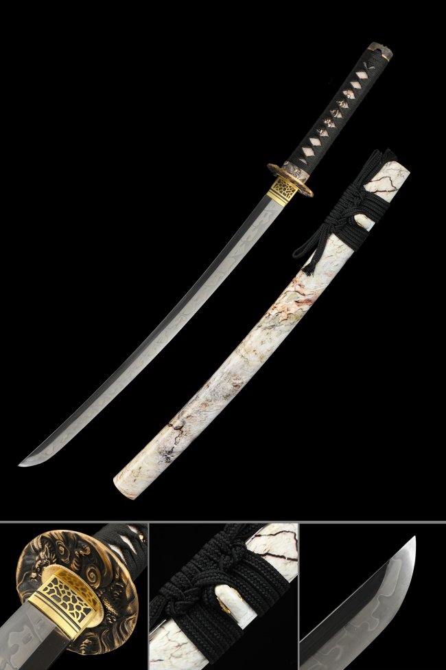 Wakizashi Sword Manganese Steel Blade with Marble Hardwood Saya and Dragon Tsuba in Gold-Black