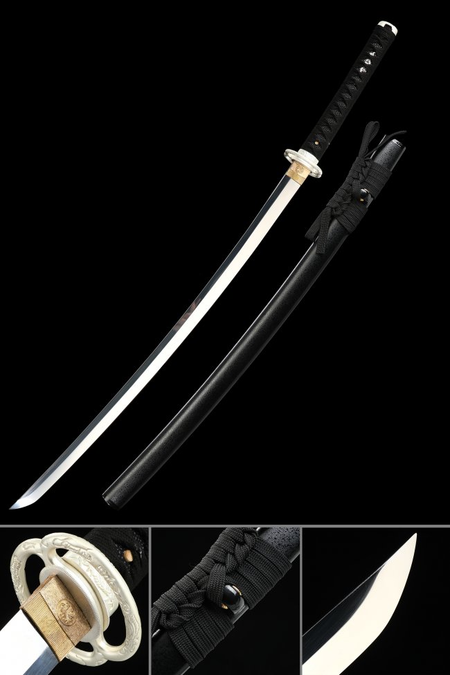 Ornate Scroll Tsuba 1095 Carbon Steel Katana, Full Tang, Handmade & Black Saya