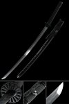 Damascus Steel Katana with Iron Chrysanthemum Tsuba - Black Hardwood Saya, Full Tang Blade