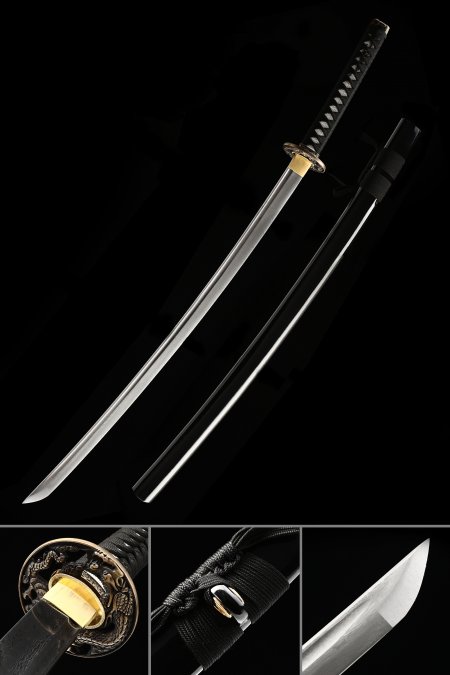 Japanese Katana, Handmade Katana Sword Damascus Steel With Black Scabbard And Dragon Tsuba
