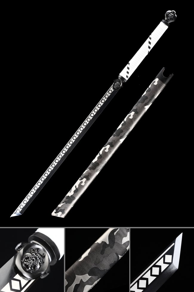 Ninjato Replica in Manganese Steel with Black Blade, Skull Tsuba, Camo Saya & White Tsuka