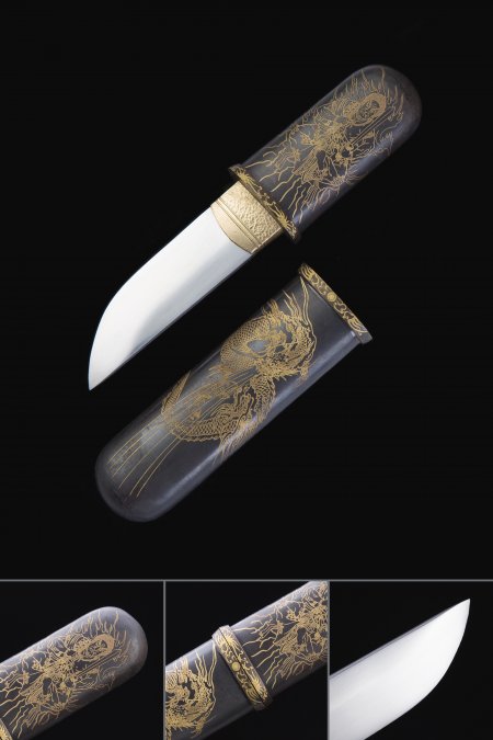 Handmade High Manganese Steel Dragon Theme Short Japanese Aikuchi Pocket Tanto Knife