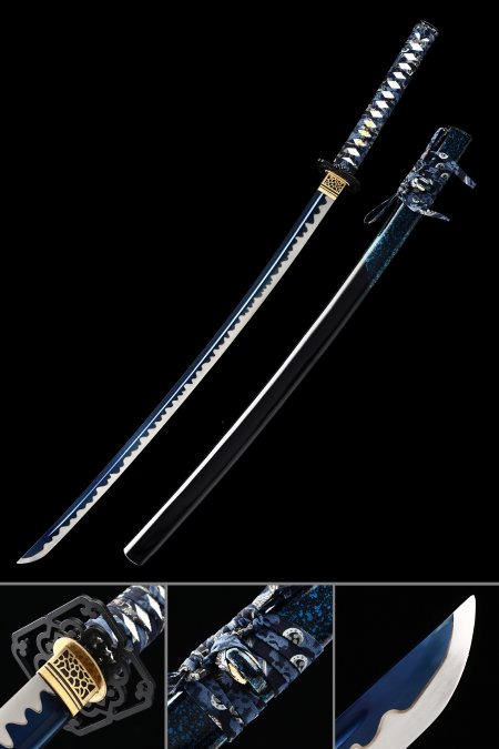 Épée Katana Pleine Soie Faite à La Main En Acier Au Manganèse Avec Lame Bleue Et Fourreau Noir