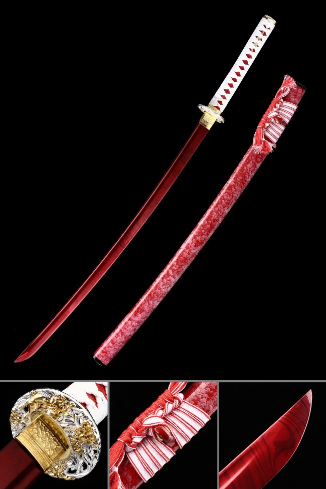 Red Blade 1045 Carbon Steel Katana with White Ito Handle and Floral Red Saya - Collectible Samurai Sword