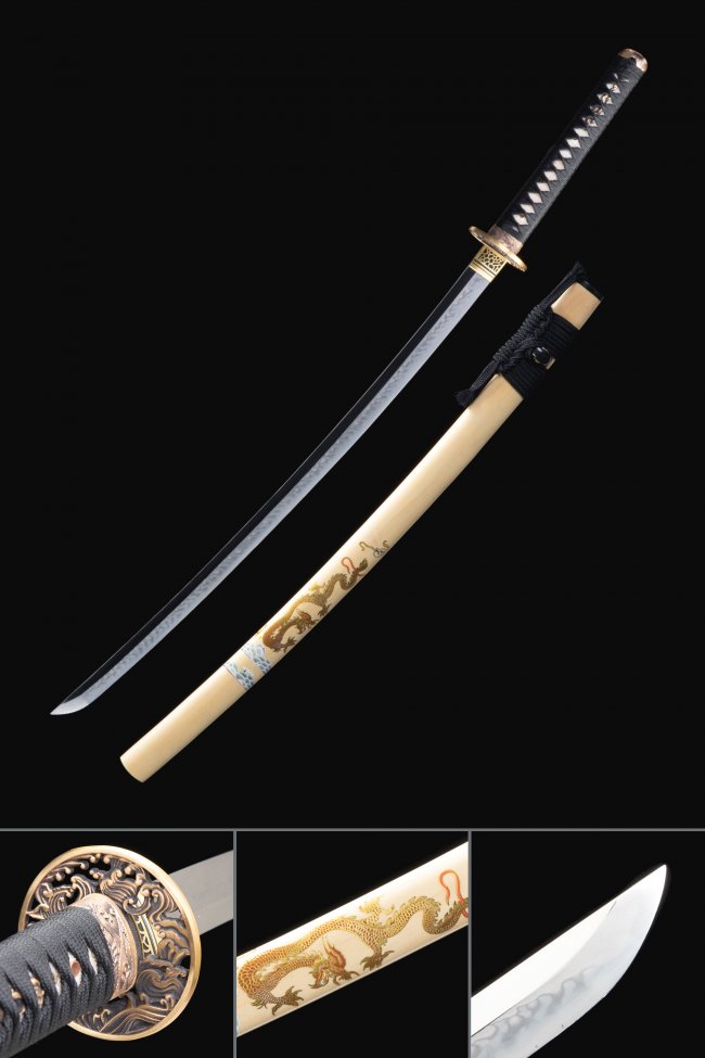 Ornate Scroll Tsuba T10 Carbon Steel Katana, Real Hamon, Handmade & Beige Dragon Saya