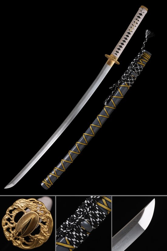 Folded Melaleuca Steel Katana with Gold Dragon Tsuba - Gray & Gold Lacquer Saya