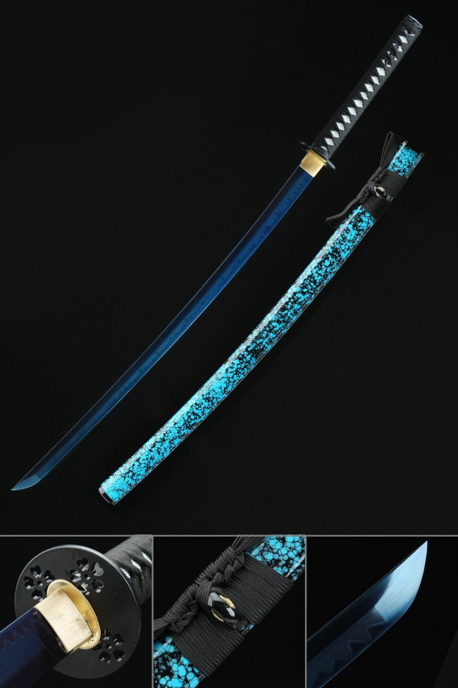 Cherry Blossom Tsuba T10 Carbon Steel Katana, Full Tang, Handmade & Cyan Black Saya
