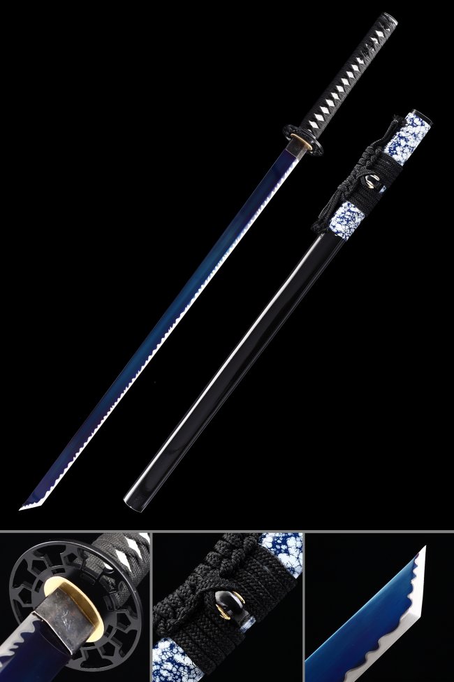 Manganese Steel Blue Blade Straight Ninja Sword with Geometric Black Tsuba and Lacquered Saya
