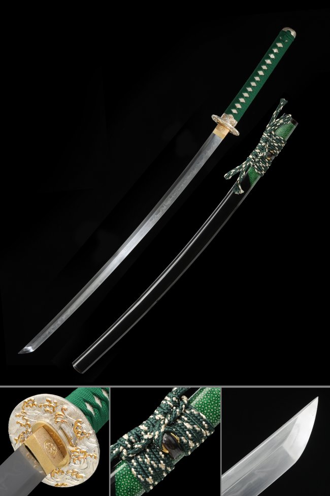 Damascus Steel Katana with Hamon Blade in Green Tsuka - Wave Tsuba, Black Saya, Green-White Sageo