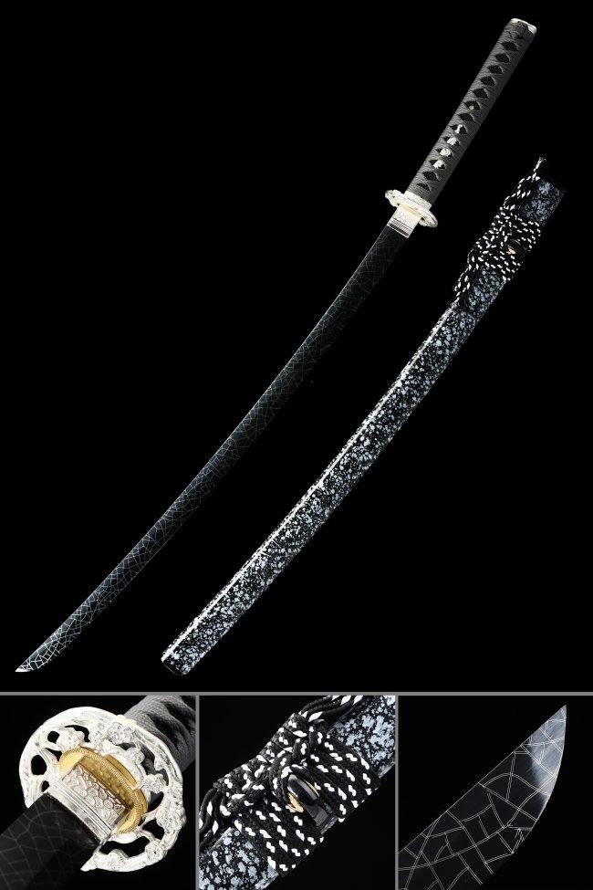 Black Blade Katana in Manganese Steel with Marble Saya & Spider Web Hamon - Full Tang