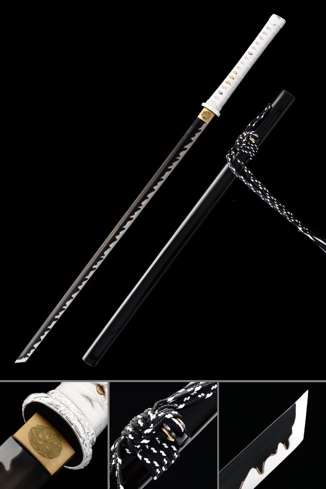 Manganese Steel Straight Ninja Sword with Black Blade, White Tsuka & Gold Tsuba